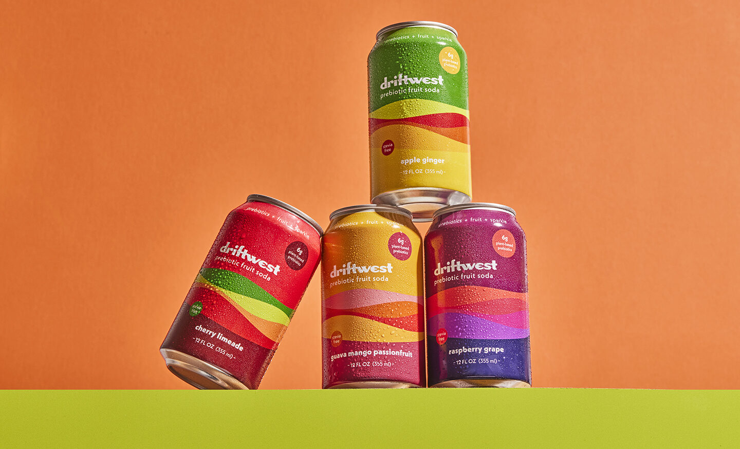 colorful cans of Driftwest prebiotic fruit sodas